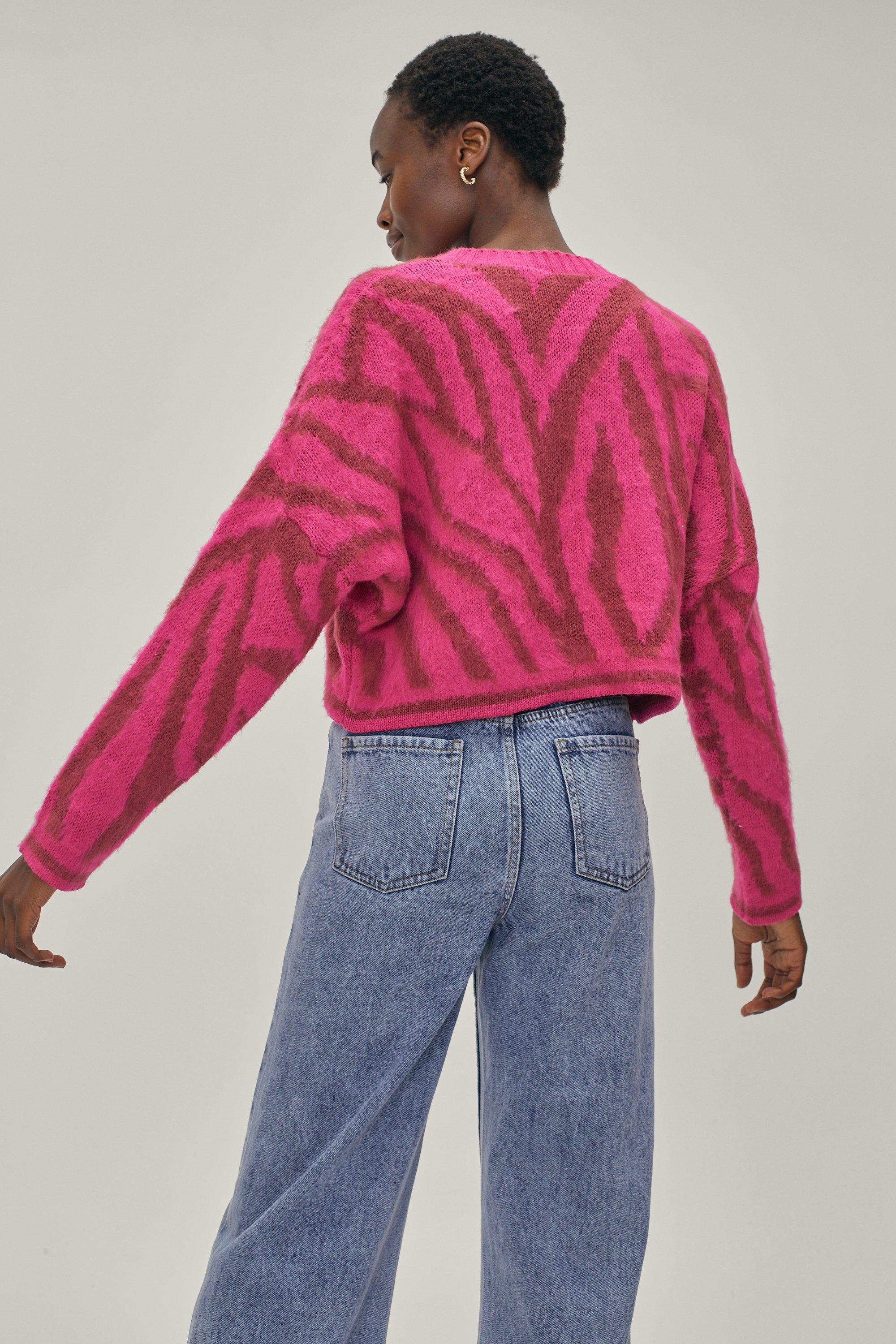 Zebra Pattern Brushed Knitted Sweater